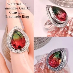 Watermelon Ametrine Gemstone Handmade Halo Ring